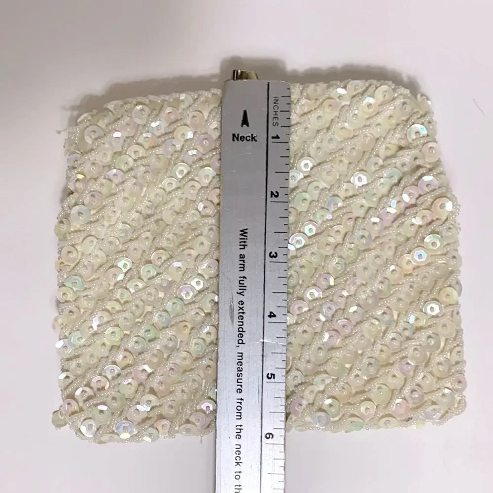 Vintage Ivory Satin Iridescent Sequin Beaded Evening Bridal Clutch Bag